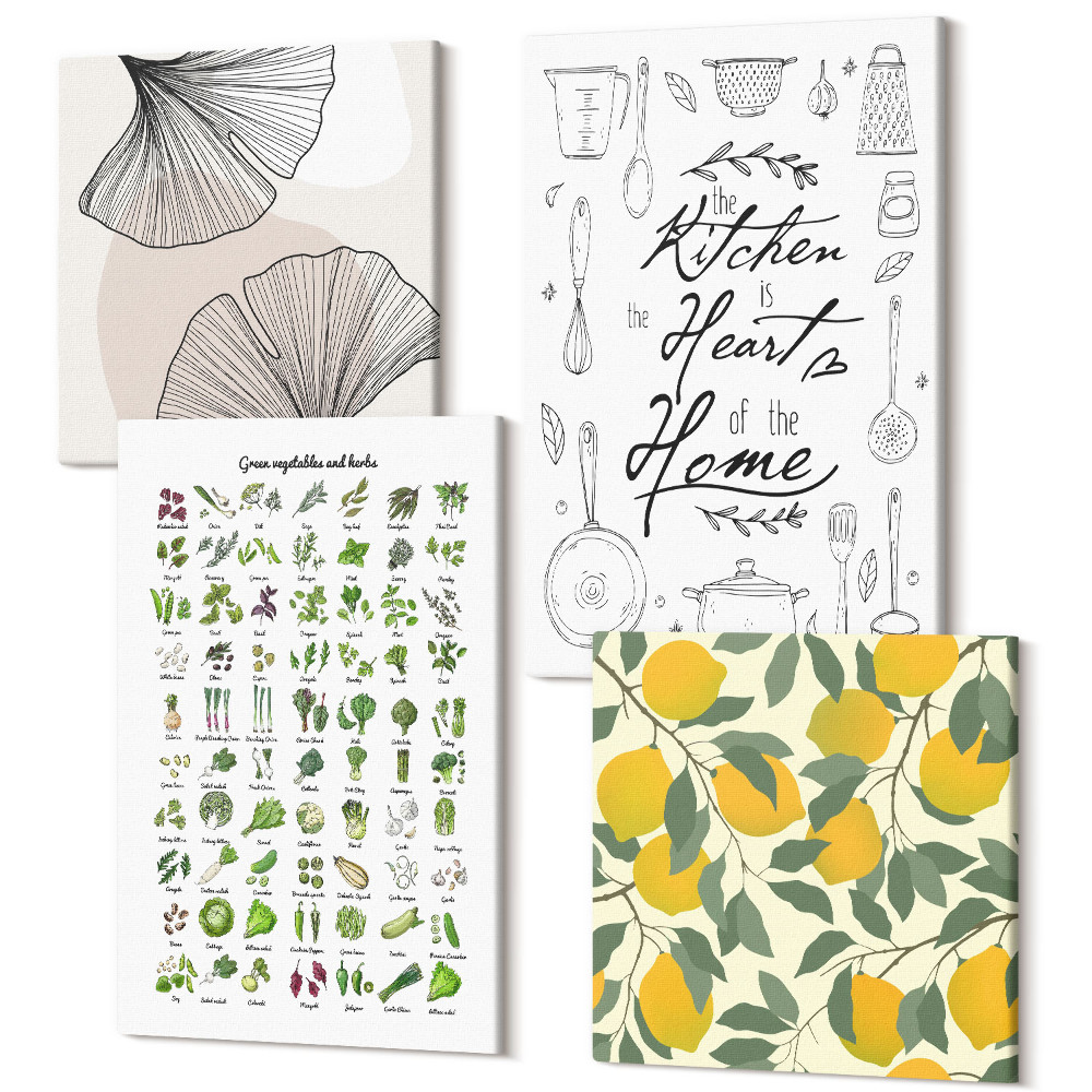 Zestaw obrazów kwadryptyk na ścianę Lista ziół kuchenny napis i malowane cytryny