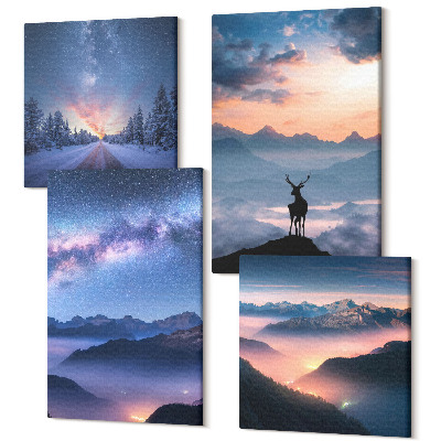 Zestaw obrazów 4 części kwadryptyk Nocne niebo góry pejzaże we mgle i jeleń