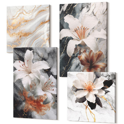 Zestaw obrazów na płótnie kwadryptyk Kwiaty na tle marmuru w odcieniach bieli i czerni