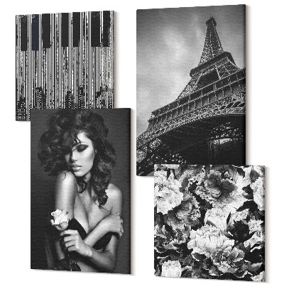 Zestaw obrazów 4 części kwadryptyk Portret kobiety z różą wieża Eiffla abstrakcje