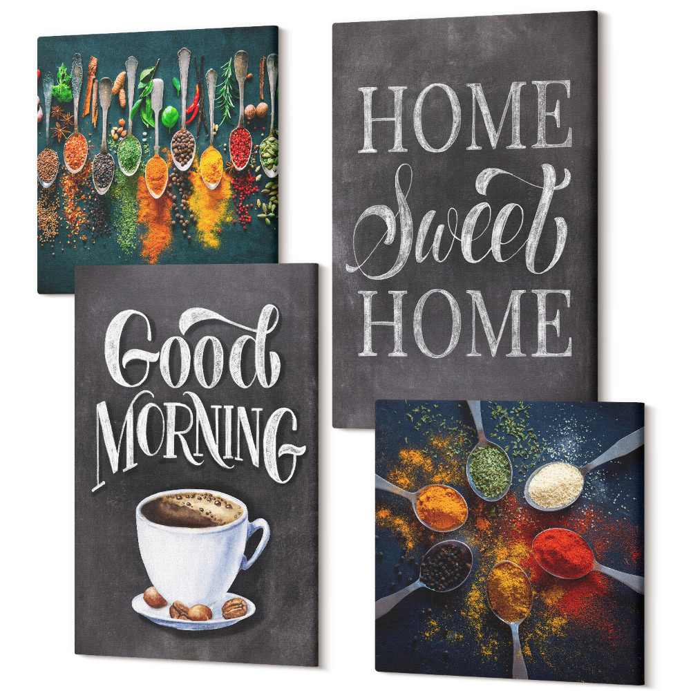 Zestaw obrazów 4 części kwadryptyk Przyprawy kawa z filiżanką zioła kuchenne przyprawy