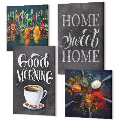 Zestaw obrazów 4 części kwadryptyk Przyprawy kawa z filiżanką zioła kuchenne przyprawy