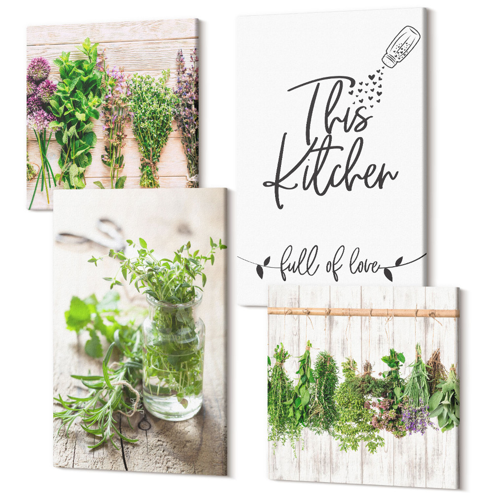 Zestaw obrazów 4 części kwadryptyk Kuchenny motyw napis suszone zioła