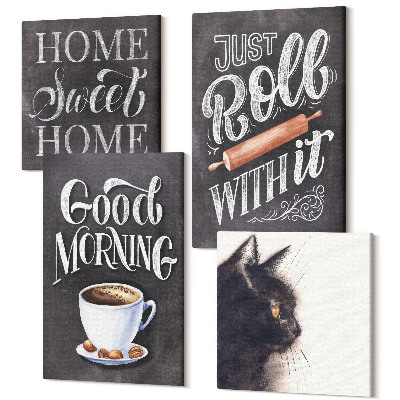 Zestaw obrazów na płótnie kwadryptyk Domowe motywy kuchenne napisy na tablicy kot