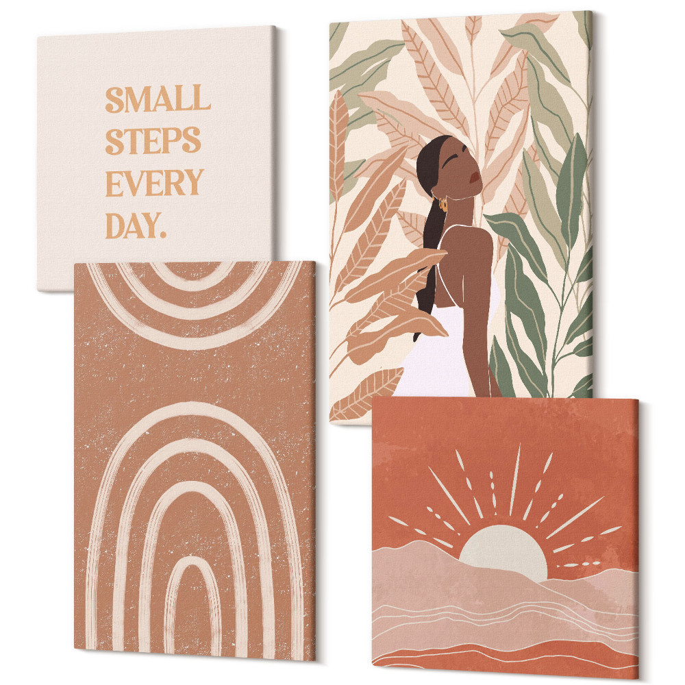 Zestaw obrazów na płótnie kwadryptyk Boho abstrakcyjne kształty i ilustracje