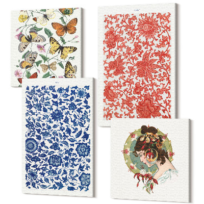 Zestaw obrazów kwadryptyk na ścianę Vintage kwiaty motyle i ornamenty postery