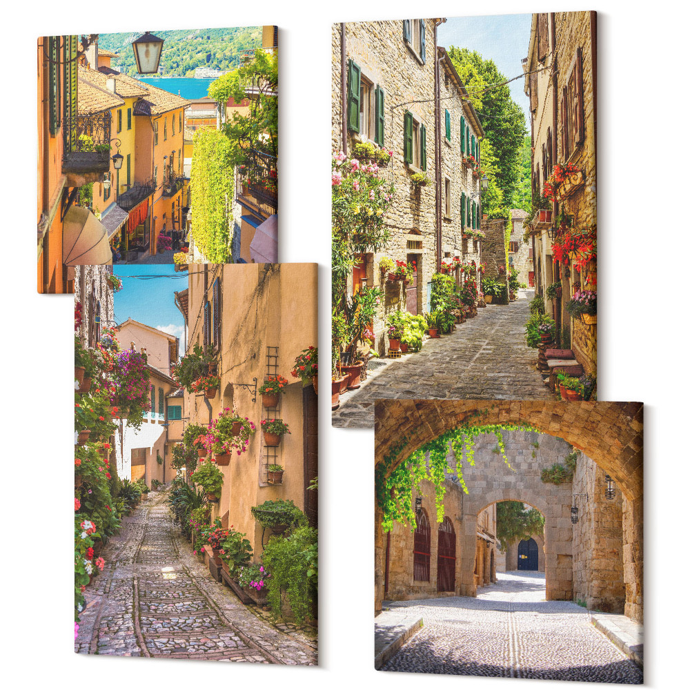 Zestaw obrazów 4 części kwadryptyk Włoskie uliczki z kwiatami i architekturą krajobrazy
