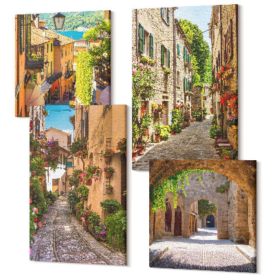 Zestaw obrazów 4 części kwadryptyk Włoskie uliczki z kwiatami i architekturą krajobrazy