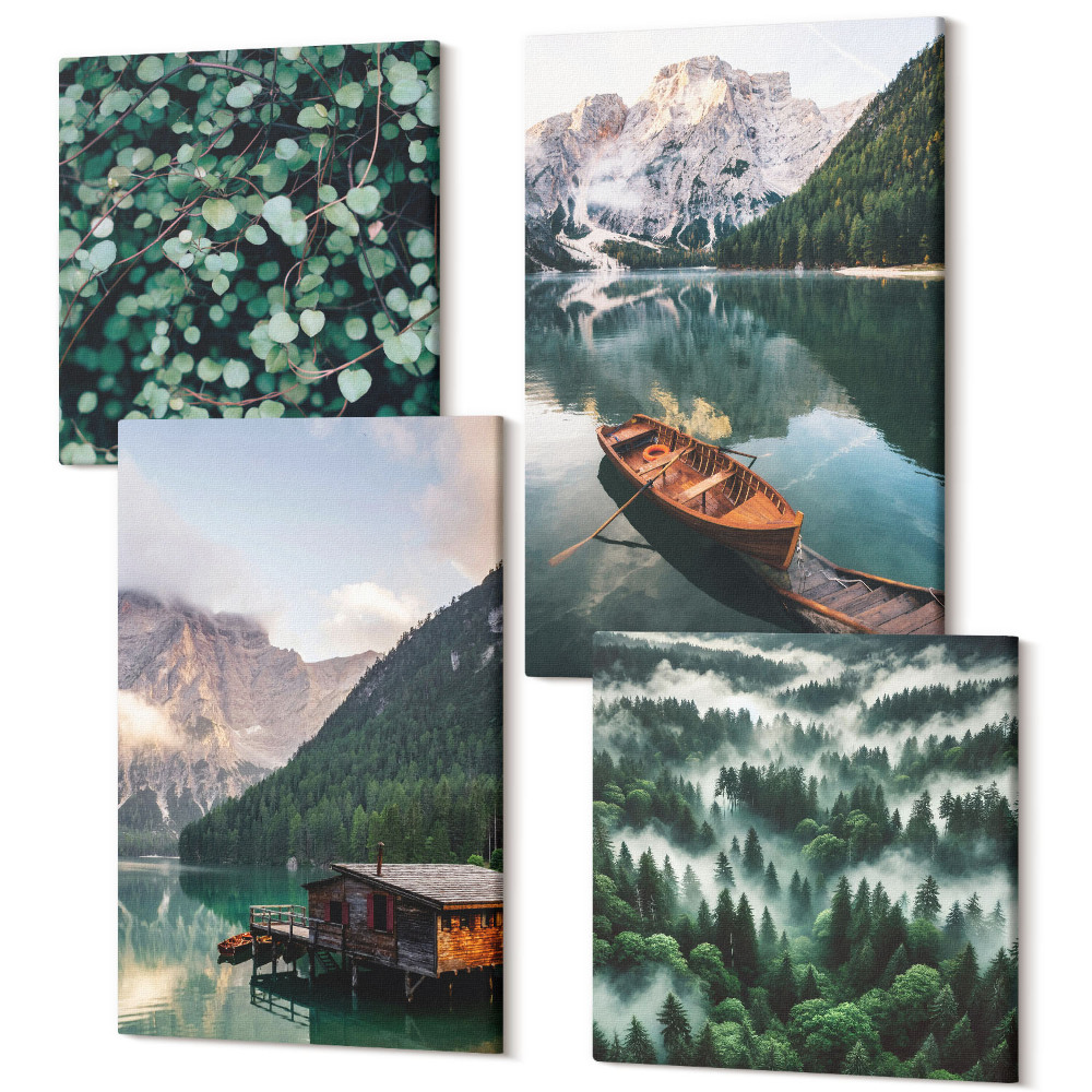 Zestaw obrazów kwadryptyk na ścianę Górskie krajobrazy z jeziorem łódką i lasem we mgle
