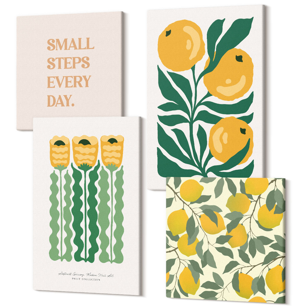 Zestaw obrazów kwadryptyk na ścianę Roślinne wzory z kwiatami i liśćmi postery