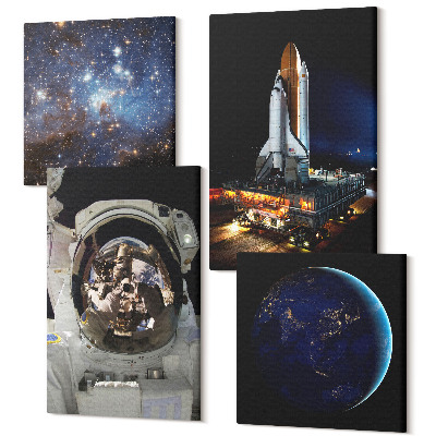 Zestaw obrazów na płótnie kwadryptyk Widoki kosmosu z Ziemią astronautą i rakietą