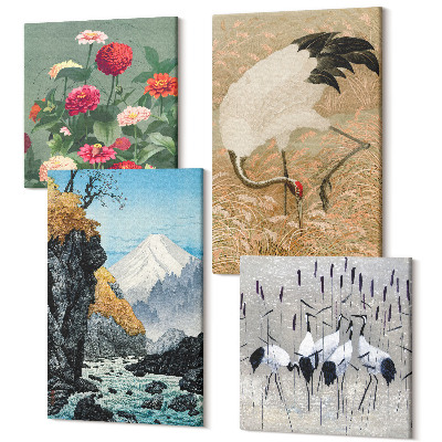 Zestaw obrazów na płótnie kwadryptyk Góry w krajobrazie rzeka kwiaty i żurawie w trawie