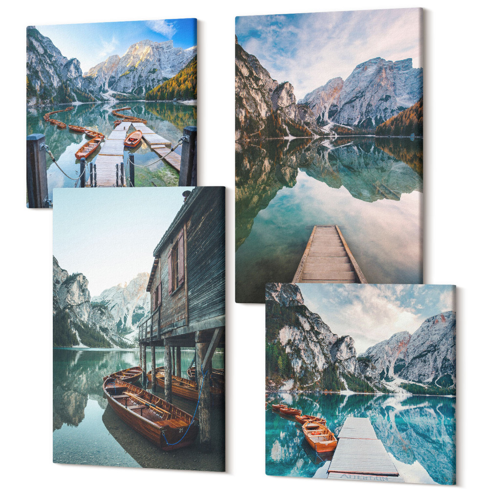 Zestaw obrazów 4 części kwadryptyk Spokojne jezioro w górach z drewnianymi łodziami