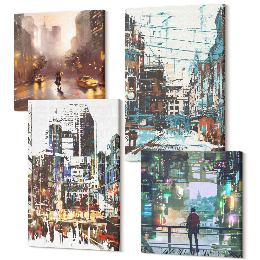 Zestaw obrazów na płótnie kwadryptyk Nowoczesne miasta w kolorach z postacią w tle
