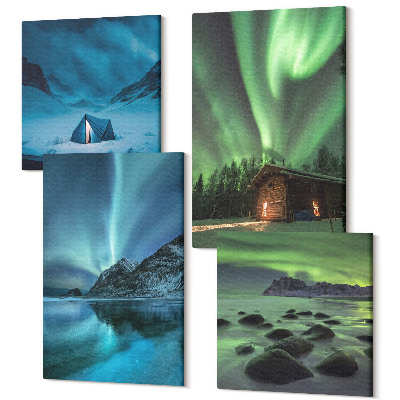 Zestaw obrazów 4 części kwadryptyk Zimowe pejzaże z zorzą polarną nad górami