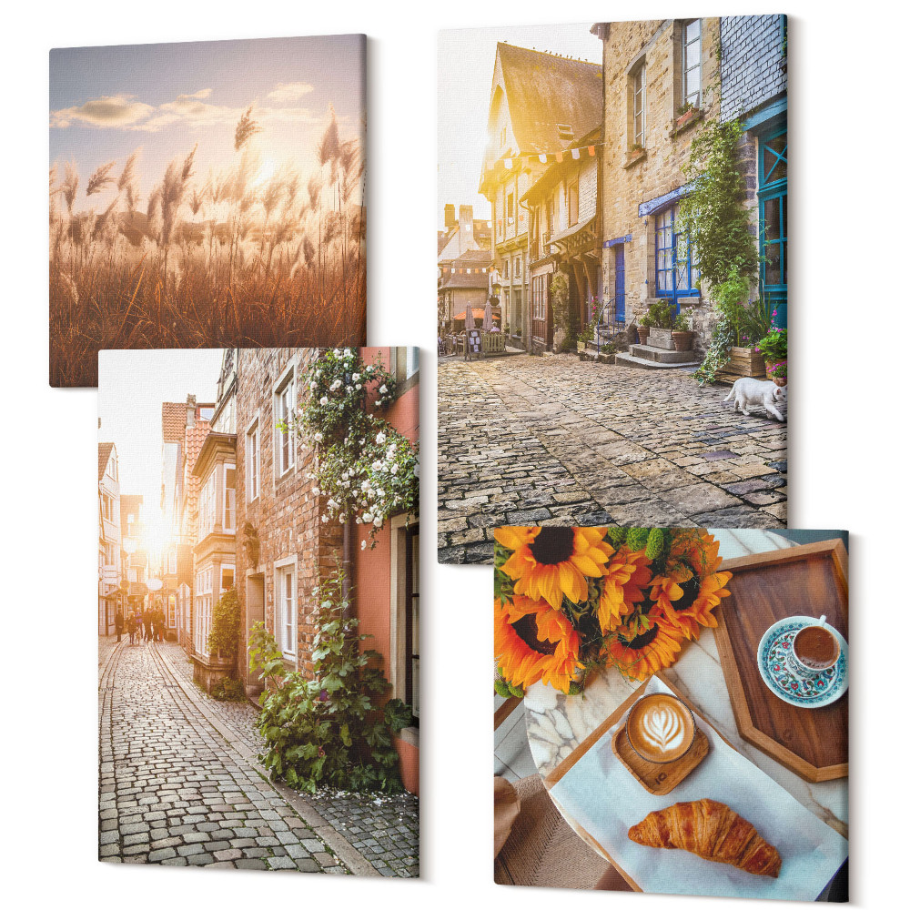 Zestaw obrazów kwadryptyk na ścianę Urokliwe uliczki z kawą i słonecznikami
