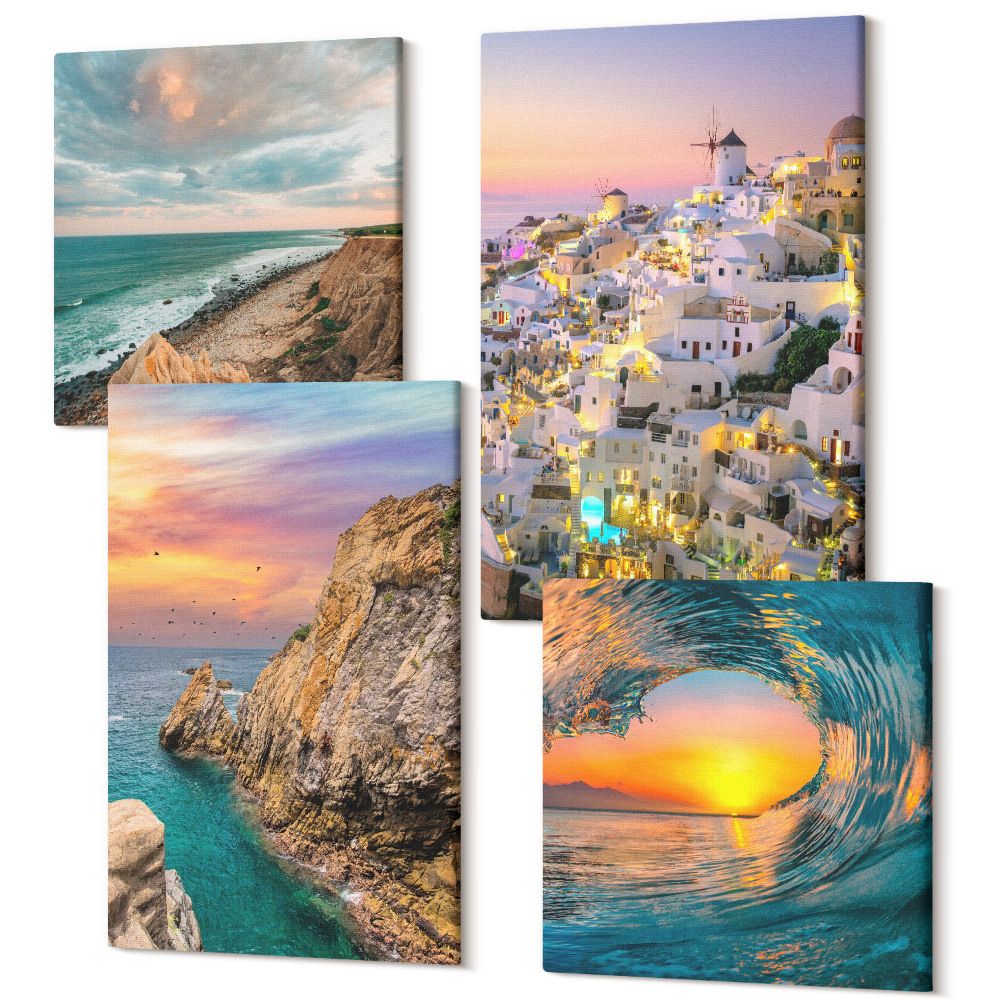 Zestaw obrazów 4 części kwadryptyk Widoki morza fale i białe domy w Santorini Grecja