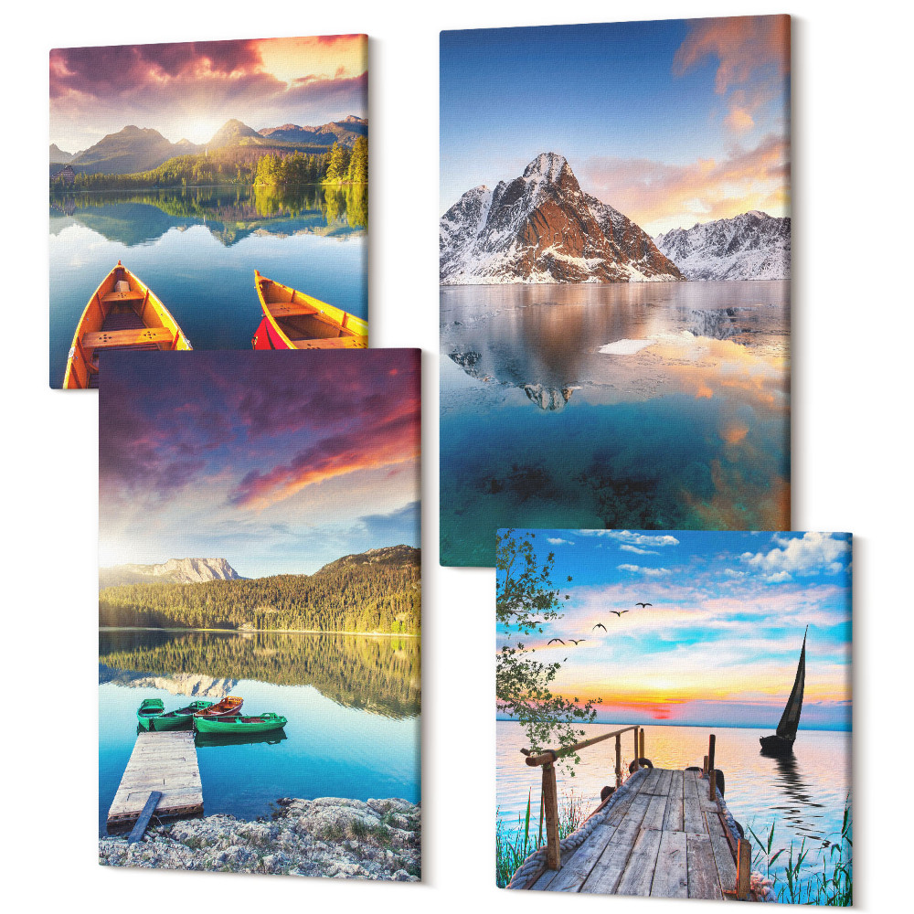 Zestaw obrazów 4 części kwadryptyk Spokojne jeziora z górskim krajobrazem i łodzią