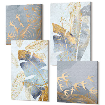Zestaw obrazów na płótnie kwadryptyk Liście w odcieniach niebieskiego i beżu na tle jasnym