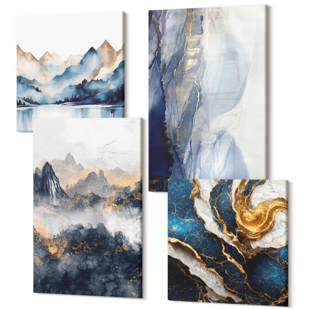 Zestaw obrazów kwadryptyk na ścianę Górskie krajobrazy z niebieskimi i szarymi tonami