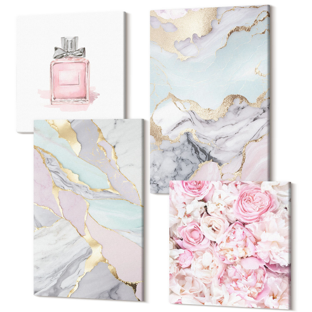 Zestaw obrazów 4 części kwadryptyk Różowe kwiaty z marmurowymi i pastelowymi wzorami