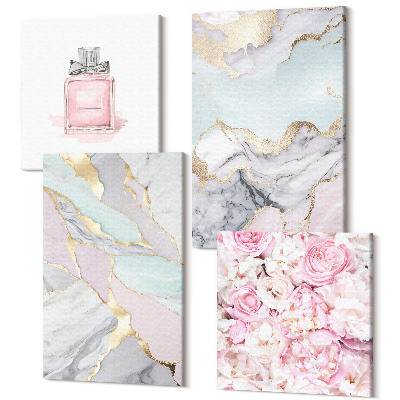 Zestaw obrazów 4 części kwadryptyk Różowe kwiaty z marmurowymi i pastelowymi wzorami