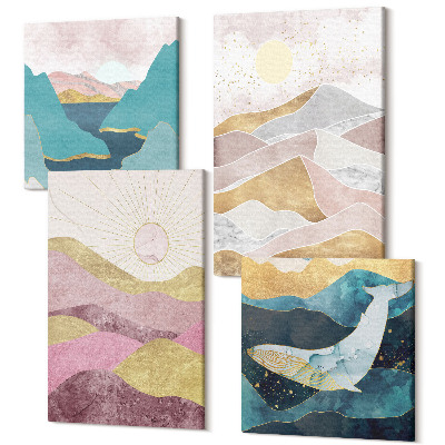 Zestaw obrazów na płótnie kwadryptyk Abstrakcyjne krajobrazy z górami i słońcem