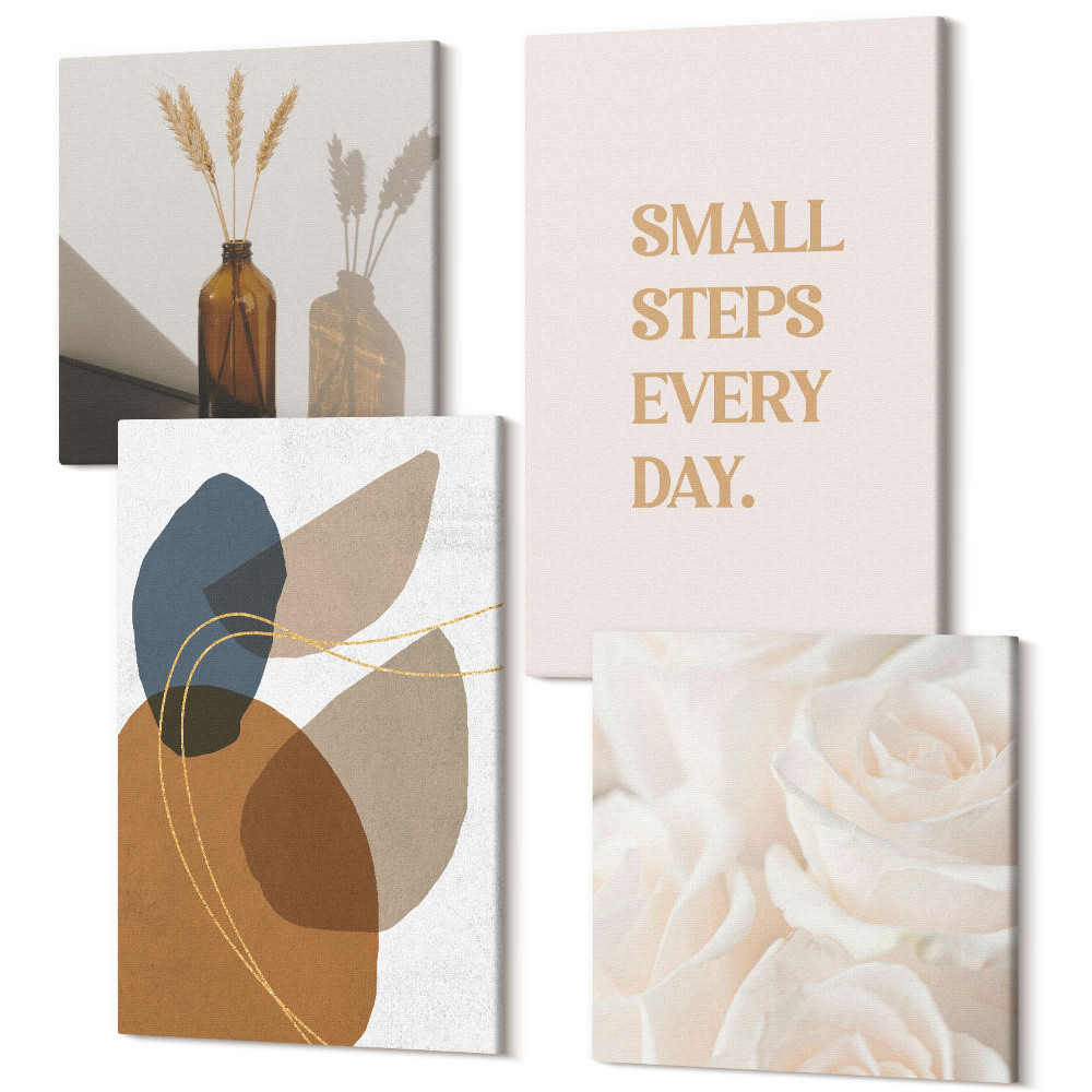 Zestaw obrazów 4 części kwadryptyk Abstrakcyjne kształty i naturalne akcenty w zestawie