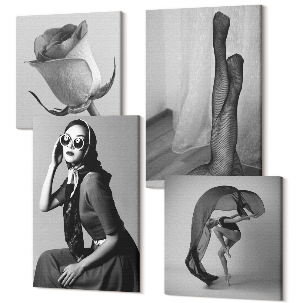 Zestaw obrazów 4 części kwadryptyk Stylowe czarno-białe portrety kobiet w eleganckich pozach