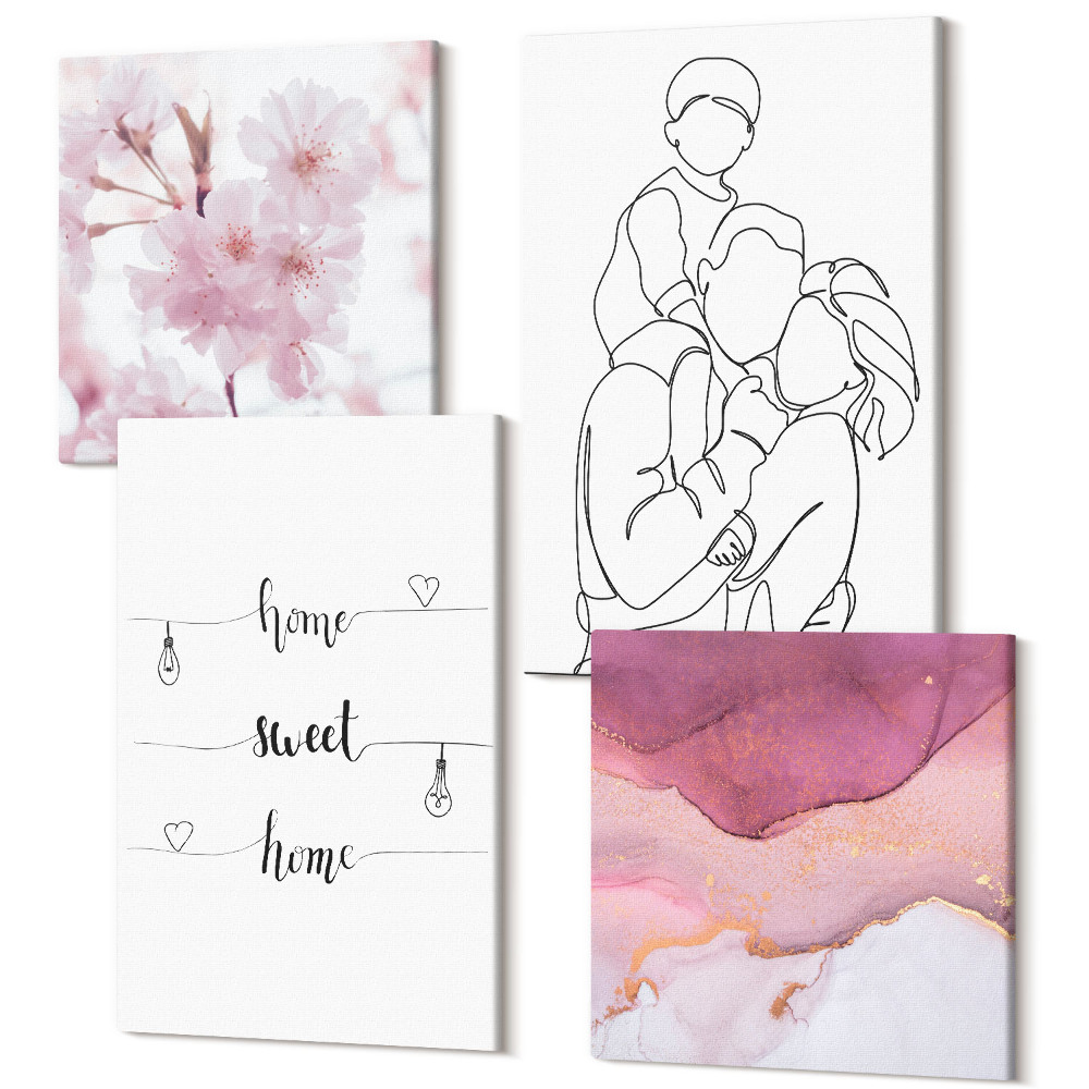 Zestaw obrazów na płótnie kwadryptyk Kwiaty i rodzina w minimalistycznym designie