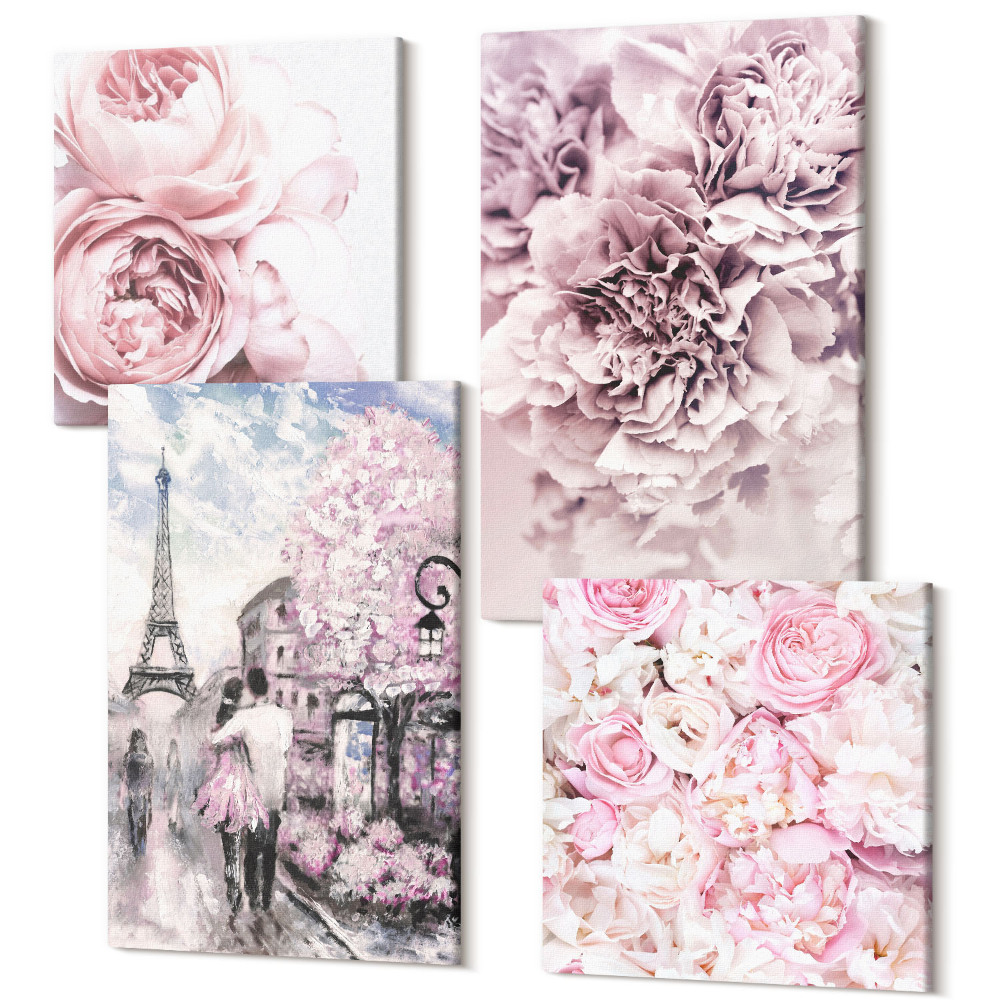 Zestaw obrazów kwadryptyk na ścianę Kwiaty w odcieniach różu romantyczny krajobraz