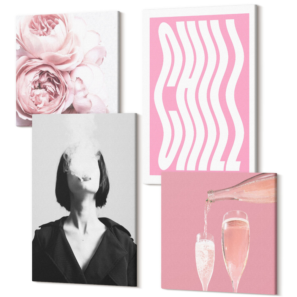 Zestaw obrazów na płótnie kwadryptyk Stylowy portret kobiety szampan róże relaks