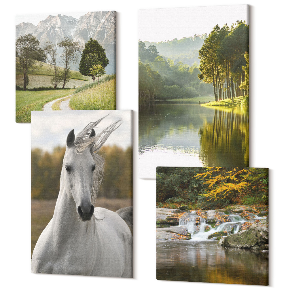 Zestaw obrazów na płótnie kwadryptyk Białe konie nad rzeką krajobraz natury