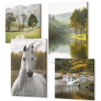 Zestaw obrazów na płótnie kwadryptyk Białe konie nad rzeką krajobraz natury