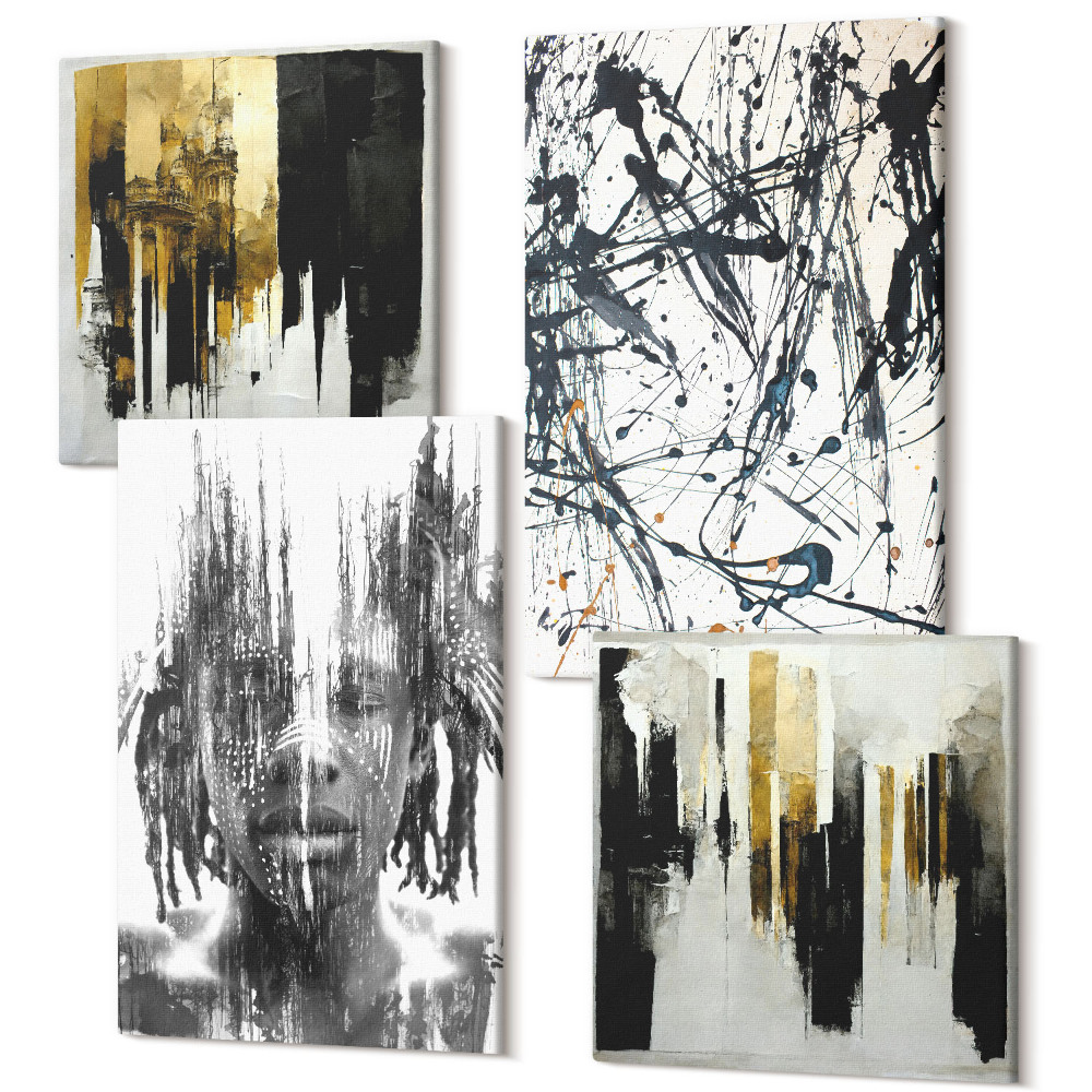 Zestaw obrazów 4 części kwadryptyk Kontrastujące abstrakcje z portretem i architekturą