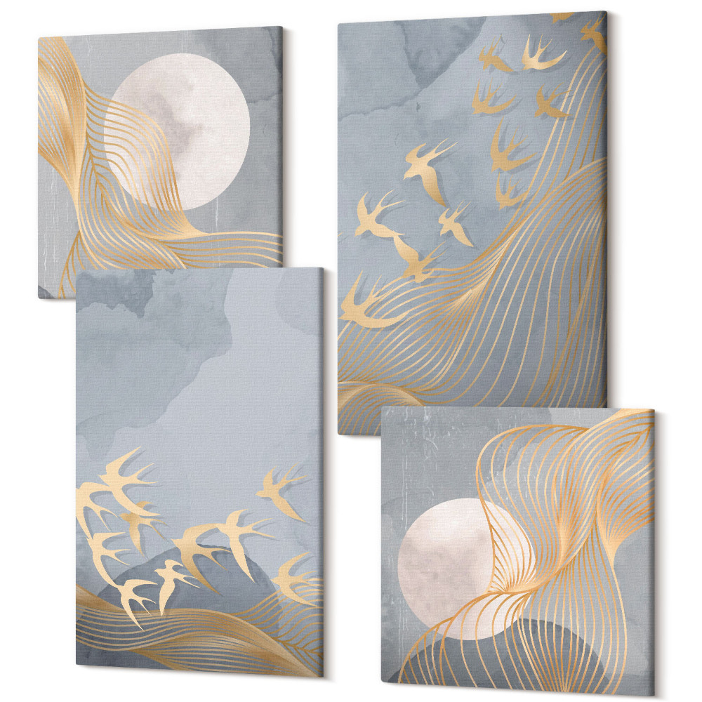 Zestaw obrazów kwadryptyk na ścianę Ptaki w locie na tle nieba i księżyca