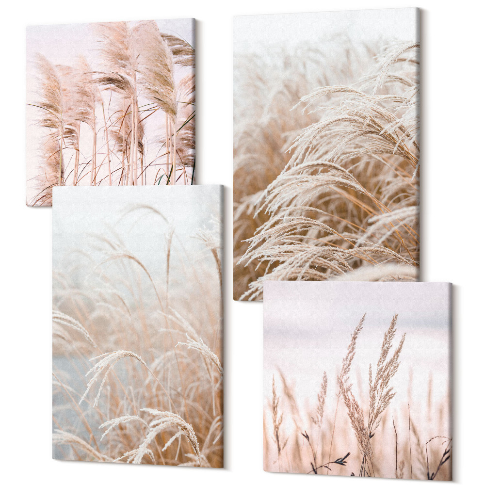 Zestaw obrazów na płótnie kwadryptyk Pola traw w delikatnych odcieniach brązu i beżu