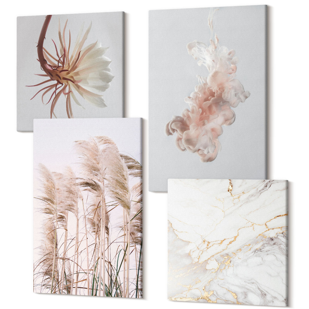 Zestaw obrazów kwadryptyk na ścianę Eleganckie kwiaty i trawy biały marmur