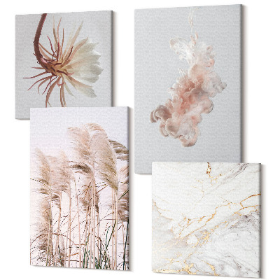 Zestaw obrazów kwadryptyk na ścianę Eleganckie kwiaty i trawy biały marmur