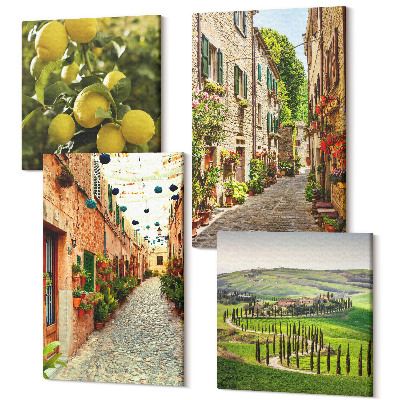 Zestaw obrazów na płótnie kwadryptyk Urokliwe uliczki z kwiatami i cytrynami w tle
