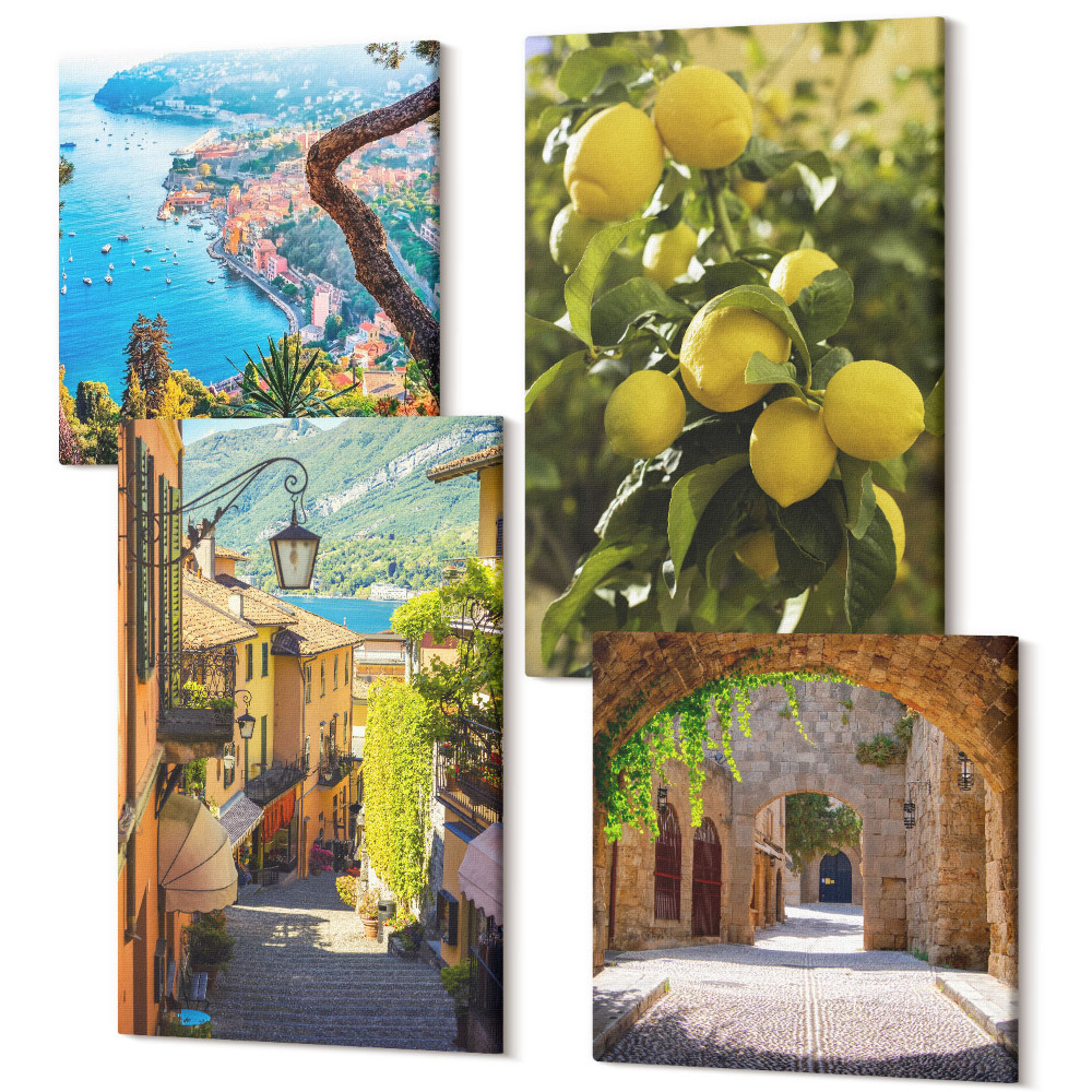Zestaw obrazów kwadryptyk na ścianę Malownicze uliczki nadmorskie widok na morze i cytryny