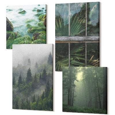 Zestaw obrazów 4 części kwadryptyk Las we mgle brzeg rzeki i szklarnia z roślinami