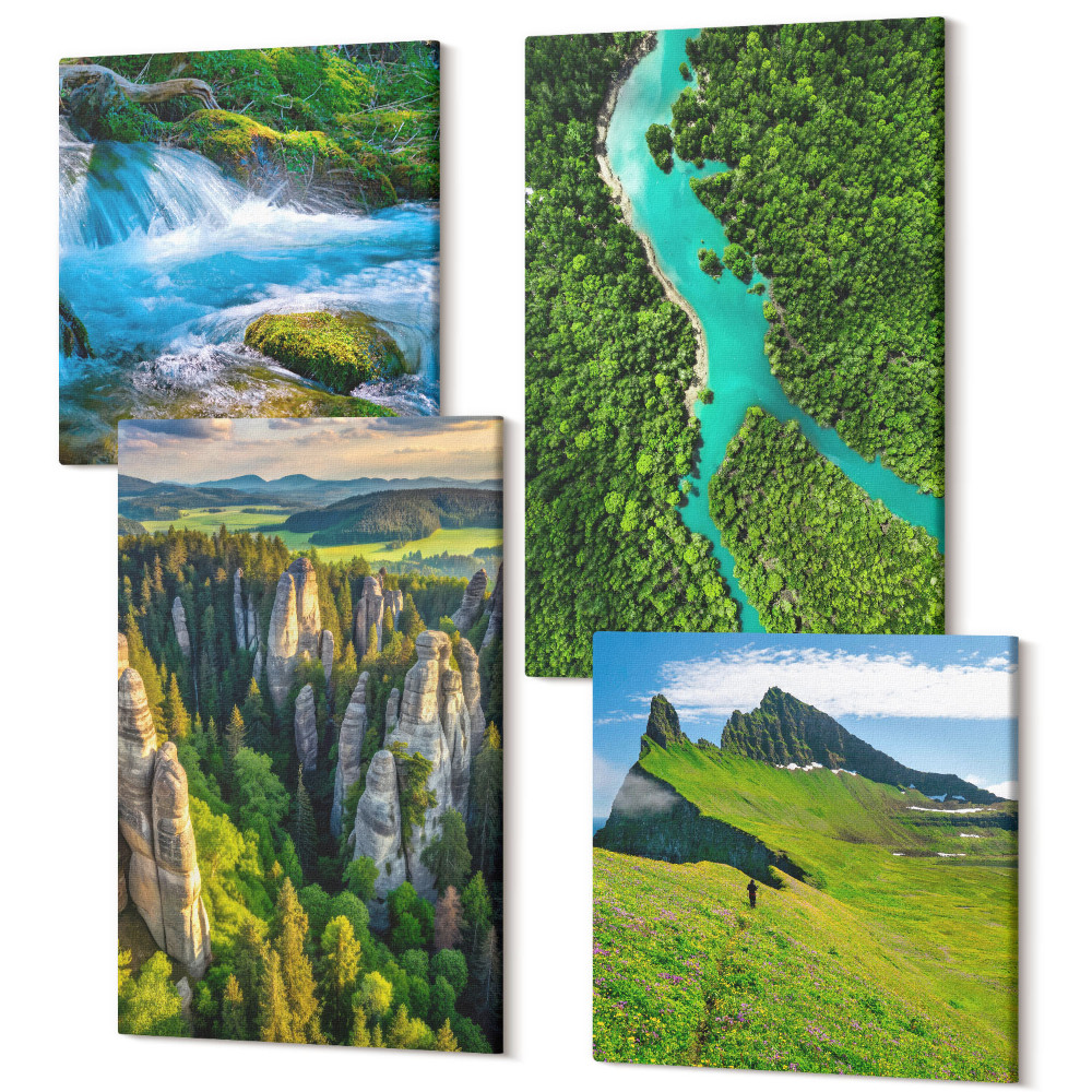 Zestaw obrazów 4 części kwadryptyk Zielone krajobrazy górskie z rzeką i skałami