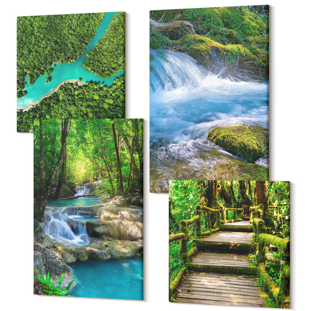 Zestaw obrazów na płótnie kwadryptyk Zielone lasy i krystaliczne wody rzeki