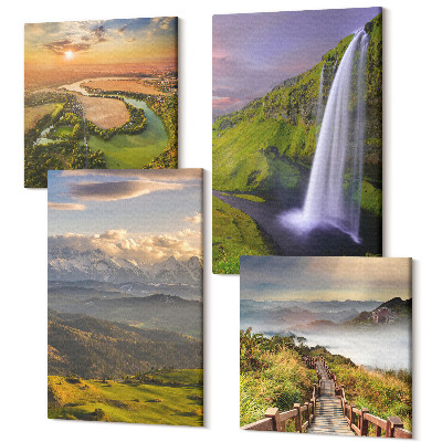 Zestaw obrazów kwadryptyk na ścianę Widoki górskie rzeki i wodospadu w naturze