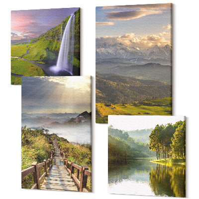 Zestaw obrazów na płótnie kwadryptyk Malownicze krajobrazy górskie z wodospadem i ścieżką