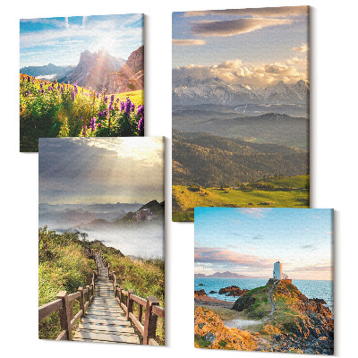Zestaw obrazów kwadryptyk na ścianę Górskie krajobrazy z kwiatami niebem i ścieżką