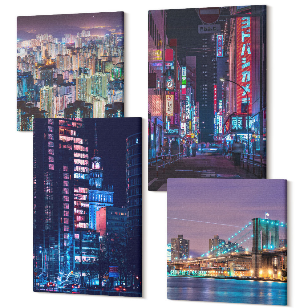 Zestaw obrazów 4 części kwadryptyk Nocne widoki miast z neonowymi światłami