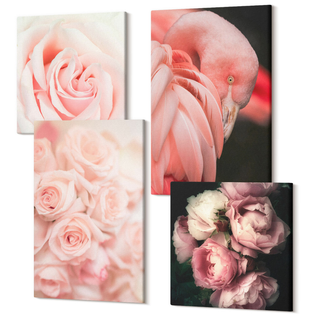 Zestaw obrazów kwadryptyk na ścianę Pastelowe róże i flaming w delikatnych odcieniach