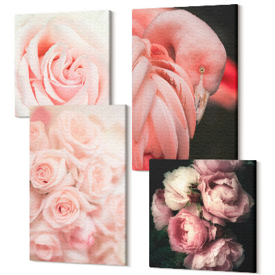 Zestaw obrazów kwadryptyk na ścianę Pastelowe róże i flaming w delikatnych odcieniach